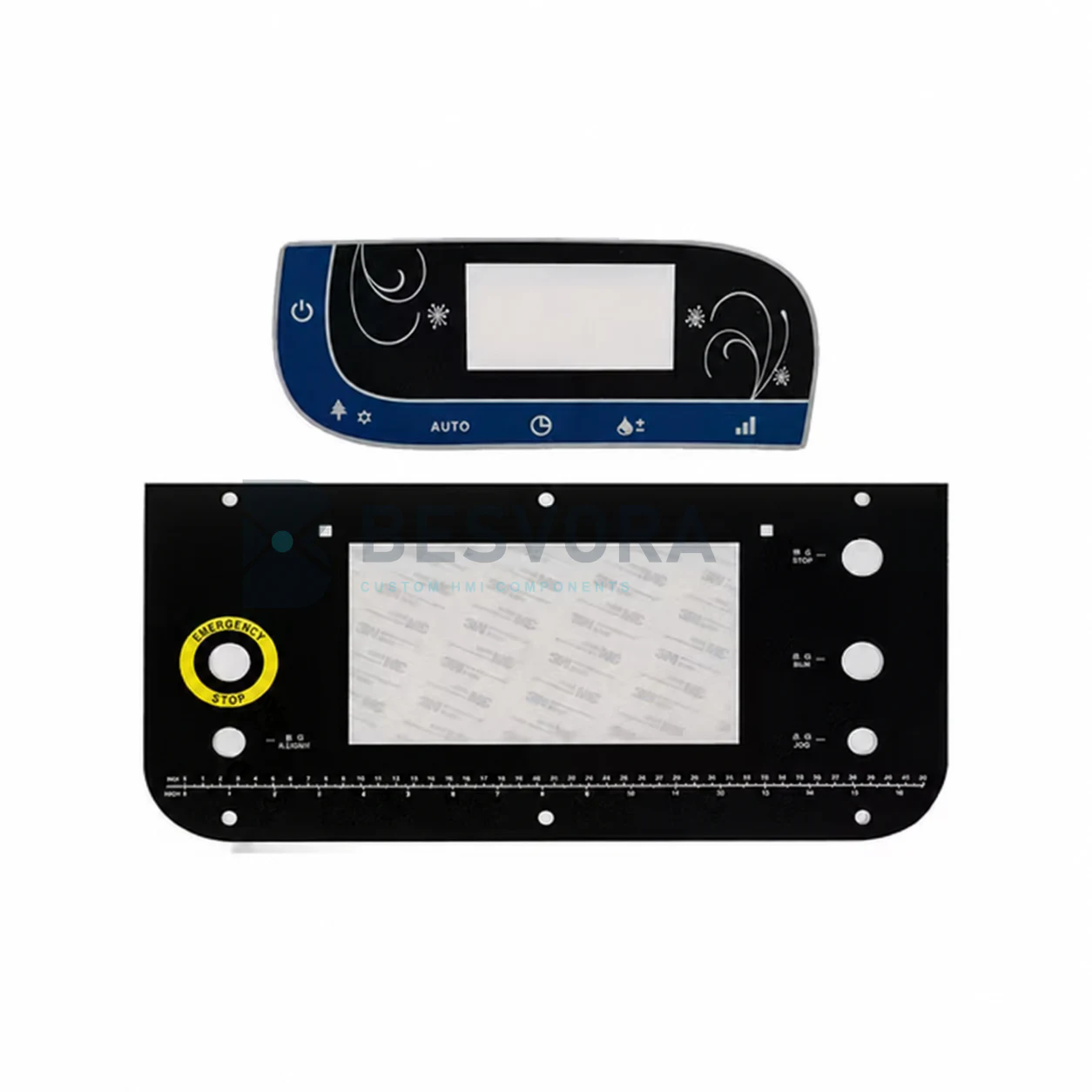 Custom graphic overlay and industrial control-panel fascia examples with BESVORA watermark
