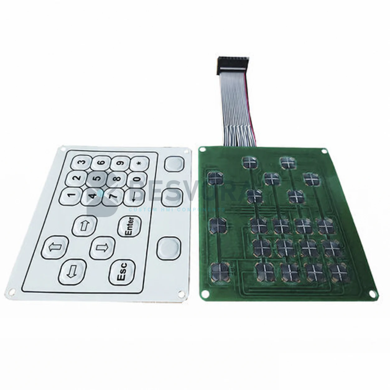 Integrated membrane keypad assembly showing the finished control overlay, rigid PCB, tactile domes, ribbon cable connector and BESVORA watermark