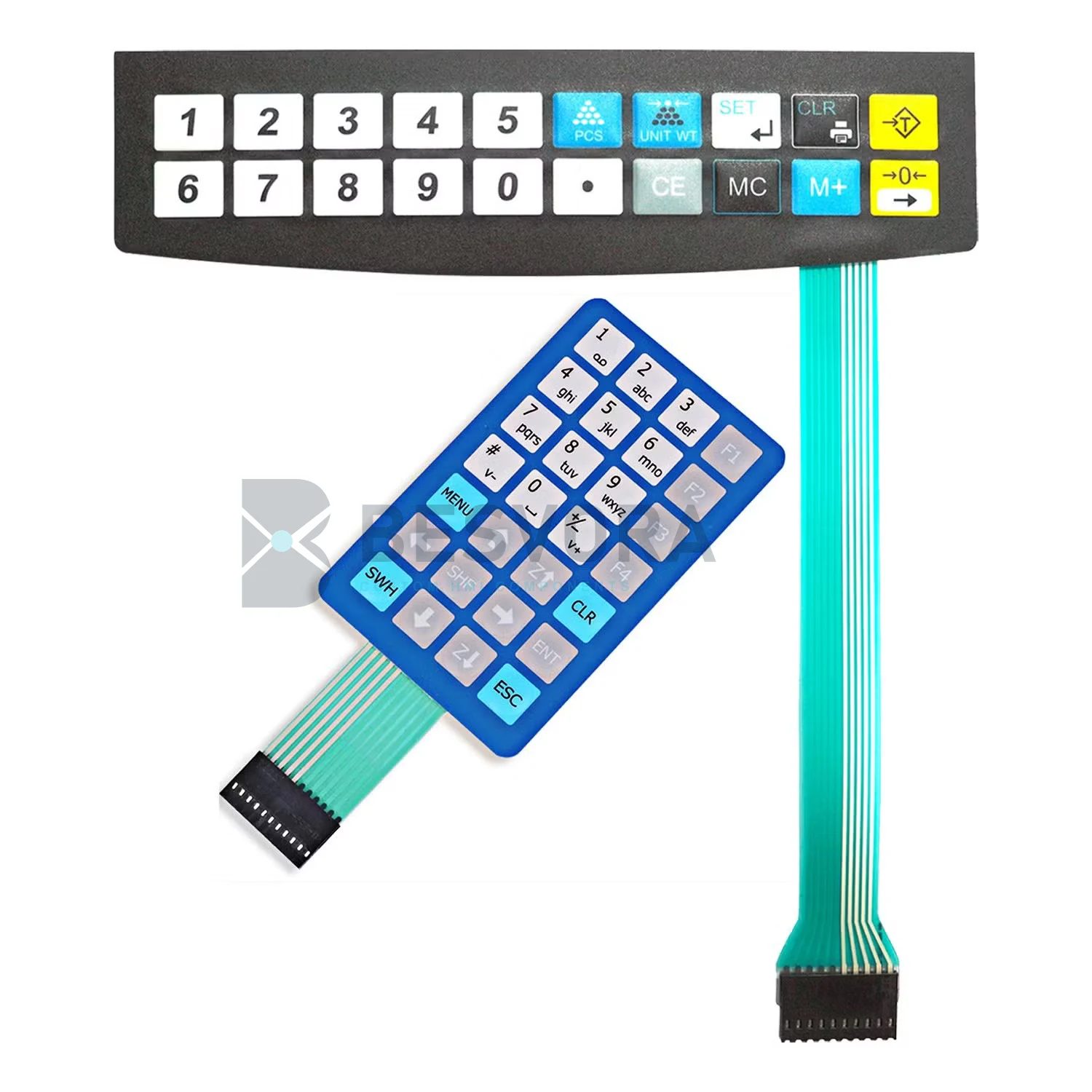 Custom membrane switch keypad examples with flexible circuit tails and BESVORA watermark