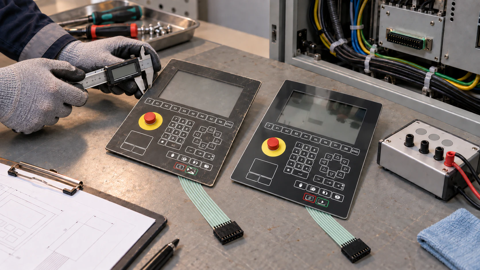 Illustrative engineering review comparing a worn industrial membrane keypad with a newly reproduced keypad, complete tails and connectors
